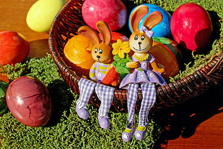 easter bunny, easter, figure, rabbit, sit, cheerful, basket