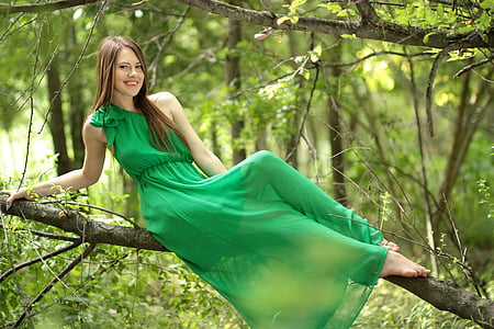 fată, rochie, verde, pădure, frumusete, senzualitate, femei