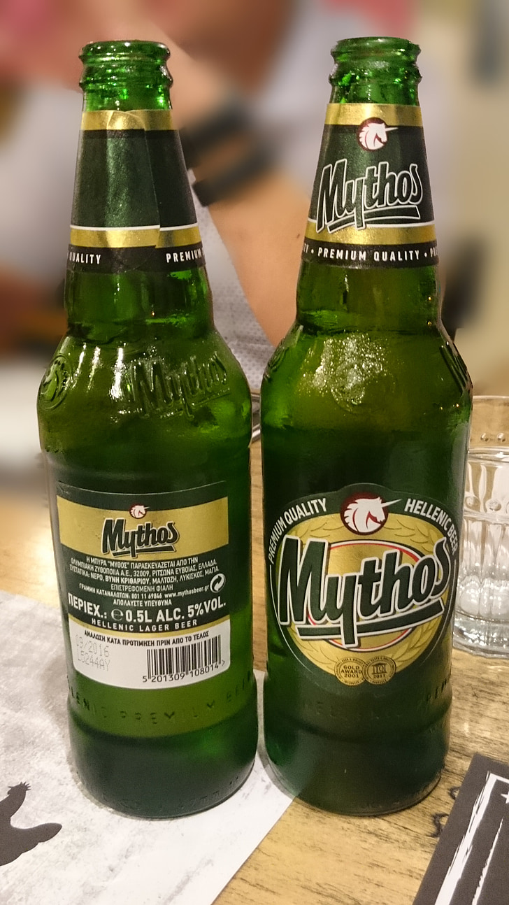 пляшки, пиво, Грецька пива, Mythos, Зелена пляшка, напій, напої