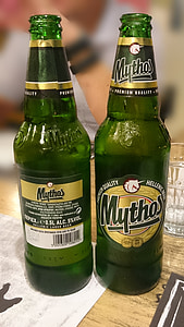 bottles, beer, greek beer, mythos, green bottle, drink, beverages