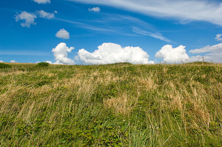sky, clouds, dramatic, landscape, grass, hill, green foreground