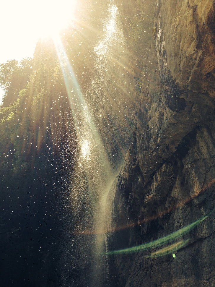 waterfall, backlit, rock, wall, water, stream, nature