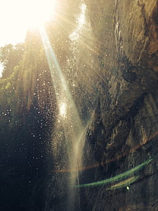 cascada, retroiluminado, roca, pared, agua, corriente, naturaleza
