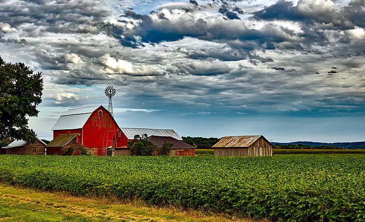 Wisconsin, paisatge, escèniques, cel, núvols, graner, Molí de vent
