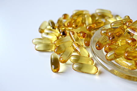 fish oil, capsule, yellow, oil capsule, glass, glass container, drug