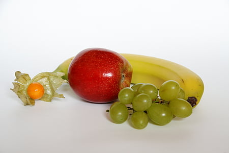 apple, banana, grapes, fisalis, fruit, healthy, vitamins