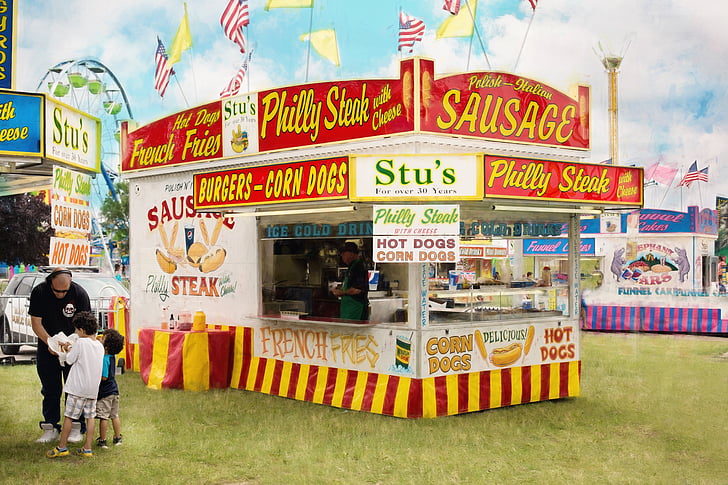 Karnevál, nyári, koncessziós stand, élelmiszer, tisztességes, County fair, Holiday