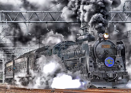 Japó, tren, Locomotora, HDR, fum, cel, núvols