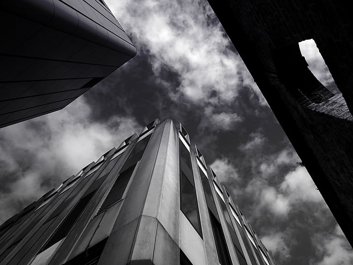 architecture, black and white, black-and-white, buildings, clouds, glass, low angle shot