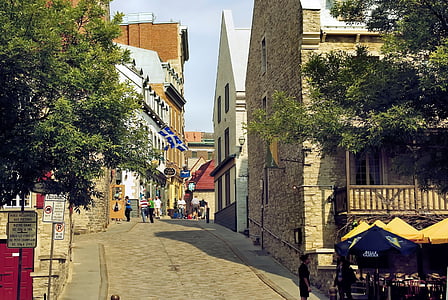 canada, quebec, lower town, street, signs, stone houses, history