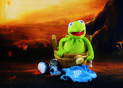 Kermit, nager, brosse, mauvaise journée, drôle, peluche, amusement
