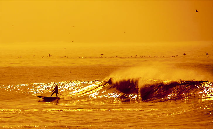man, riding, surfboard, facing, big, waves, surfer