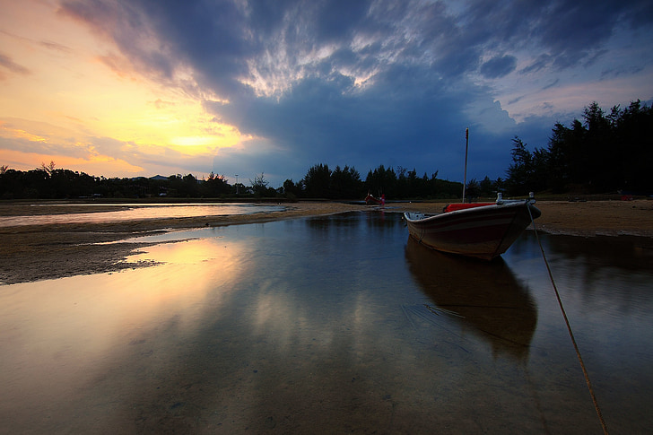 boat, sunset, landscape, evening, outdoors, sun