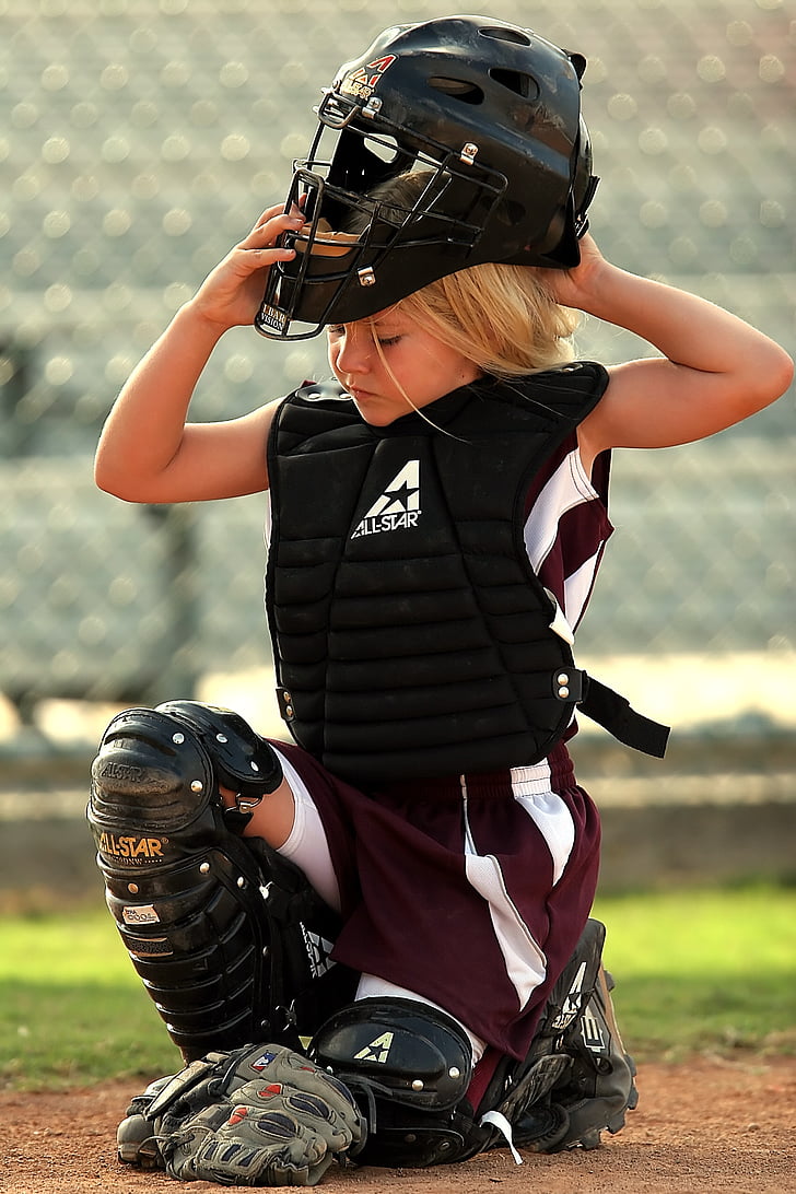 softball, afspiller, catcher, kvinde, hjelm, spil, konkurrence