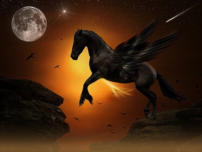 Pegasus, lua, salto, rocha, ouro, juventude, Dom