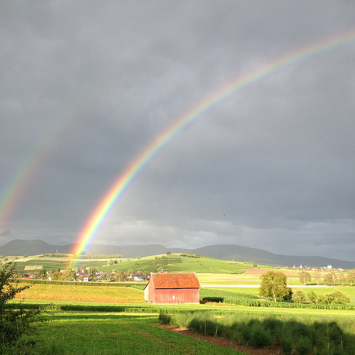 hallau, oberhallau, rainbow, sun, rain, refraction, spectrum