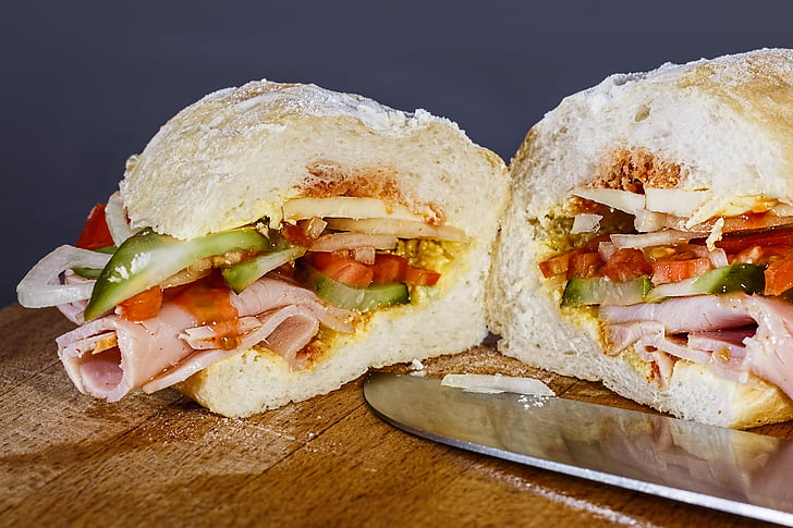 ham sandwich, snack, sandwich, slice, sliced, bread roll, rolls