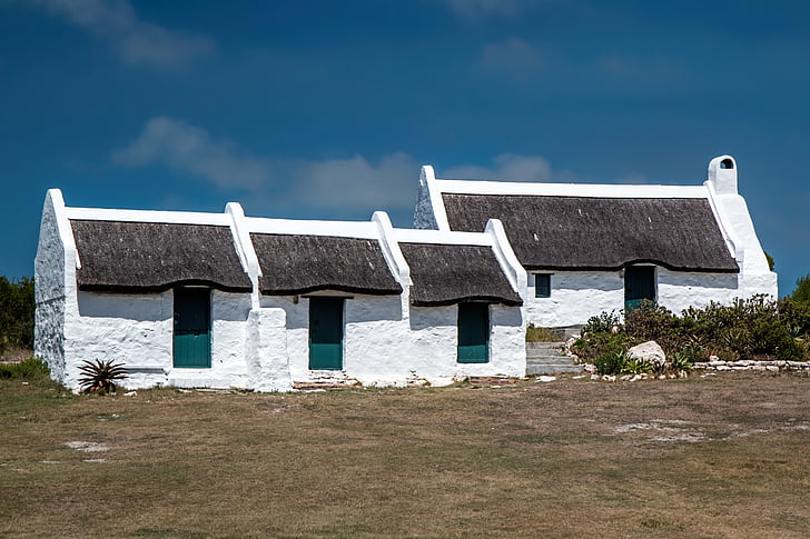 fiskarstuga, Cape holländsk arkitektur, Cape agulhas, struisbaai, Western cape Sydafrika, vit stuga, boende