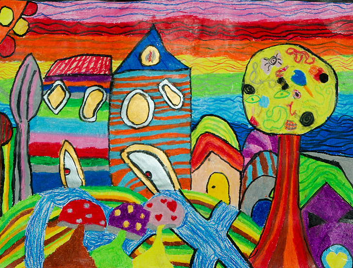 children drawings, coloring, houses, garden