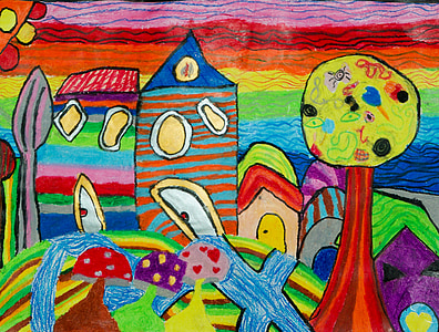 children drawings, coloring, houses, garden