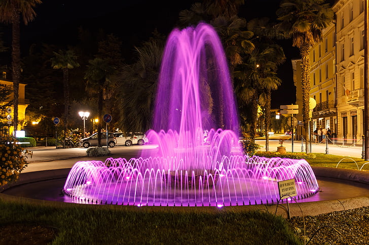 fontána, noc, osvetlenie, osvetlené, noc fotografiu, vody, ružová
