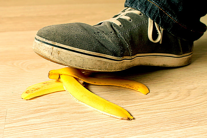 banana peel, used shoes, hardwood floors, danger, slip, shoe, pair