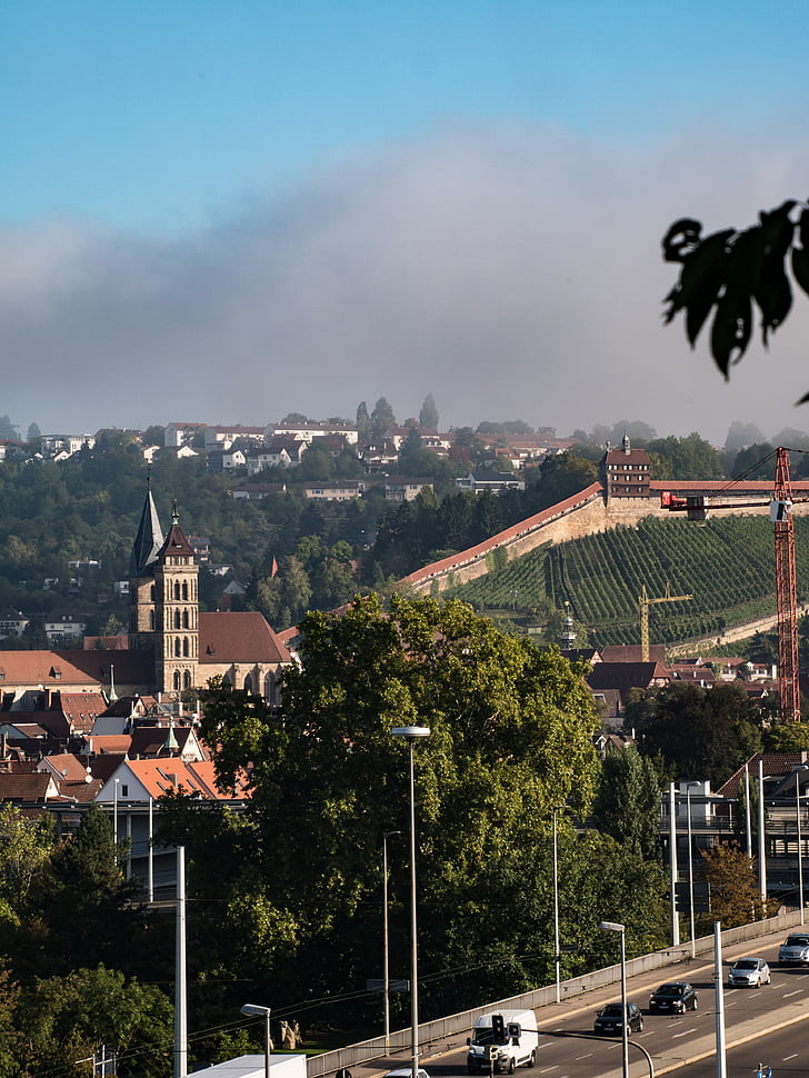 esslingen, castle, city church, haze, fog, clouds