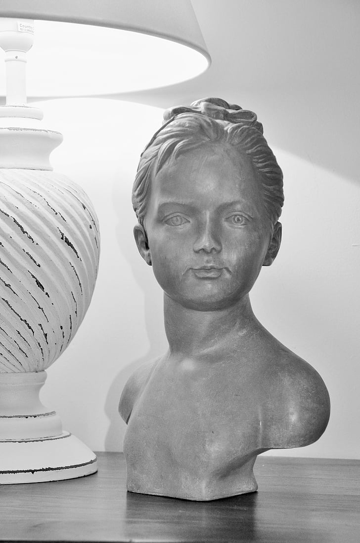 bust, statue, child, portrait, romantic, deco, black and white
