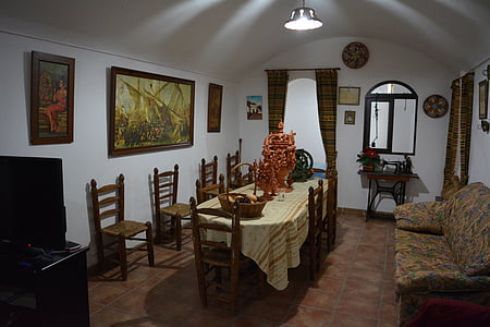 Guadix, barlang-lakás, Andalúzia, Spanyolország, Hall, ebédlő, haza