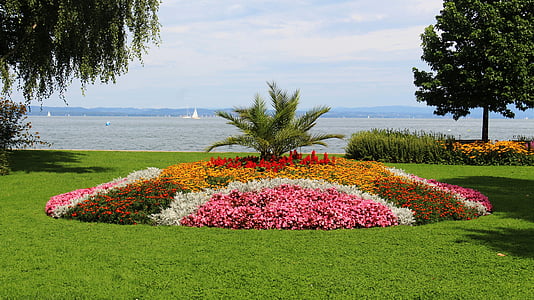flowers, flower island, rondelle, lake, sky, promenade, romanshorn