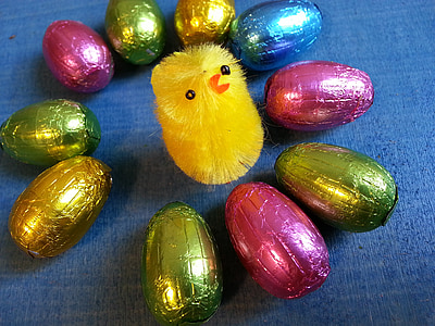 påsk, ägg, kycklingar, färgglada, choklad, Lycklig