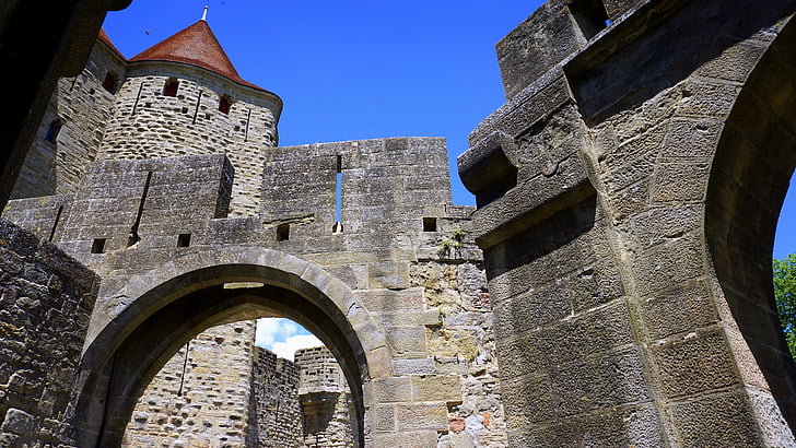 Castelul, medieval, Carcassonne, Franţa, Evul mediu, Cetatea, creneluri