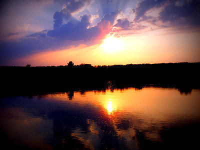 sunset, sun, cloud, fire, in the evening, lake