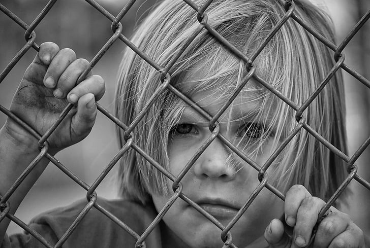 boy, looking, fence, chain link, young, child, male