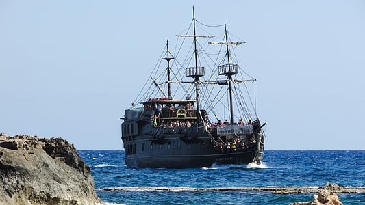 Pirátska loď, čierna perla, Plachetnica, Vintage, more, skalnaté pobrežie, vlny