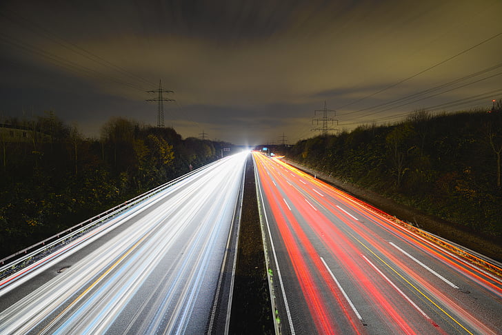autostrada, noapte, timp de expunere, trafic, lumini, centrul atenţiei, drumul