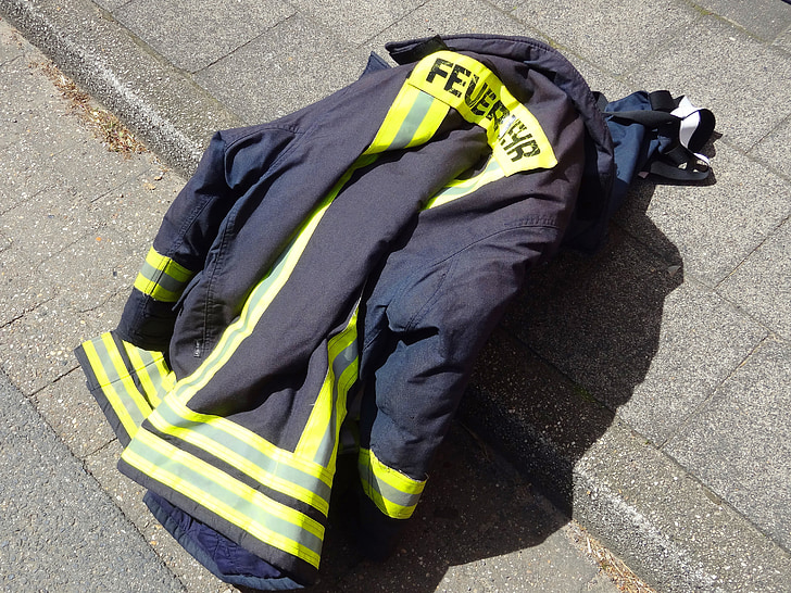 fuoco, utilizzare, giacca, giacca di vigile del fuoco, incidente, marchio, allarme
