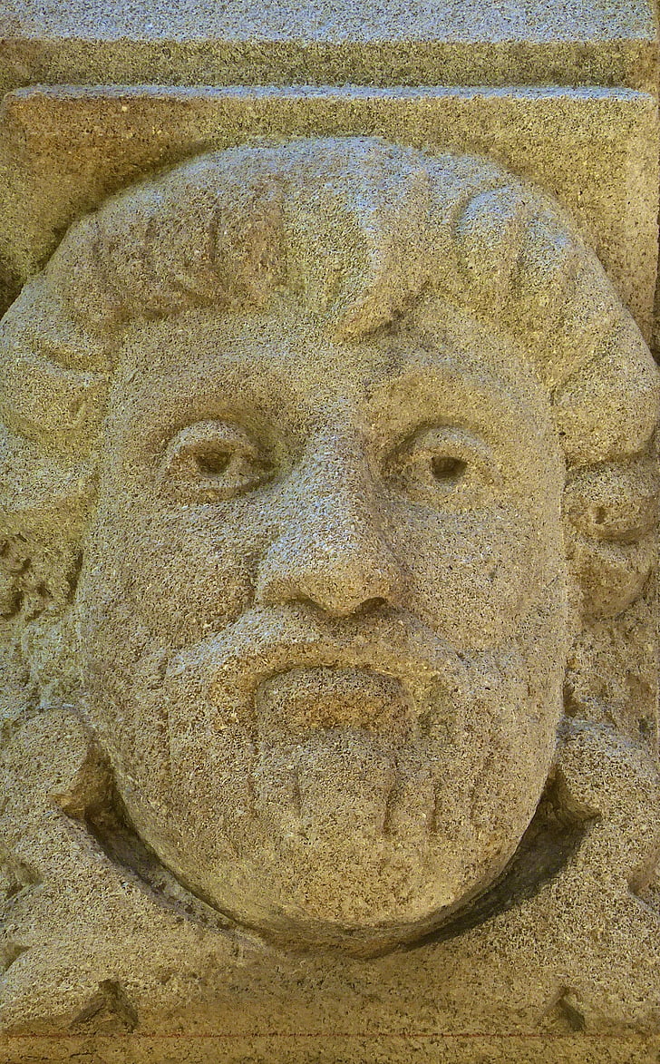 ansigt, hoved, sten, udskæring, gamle, relief, monument