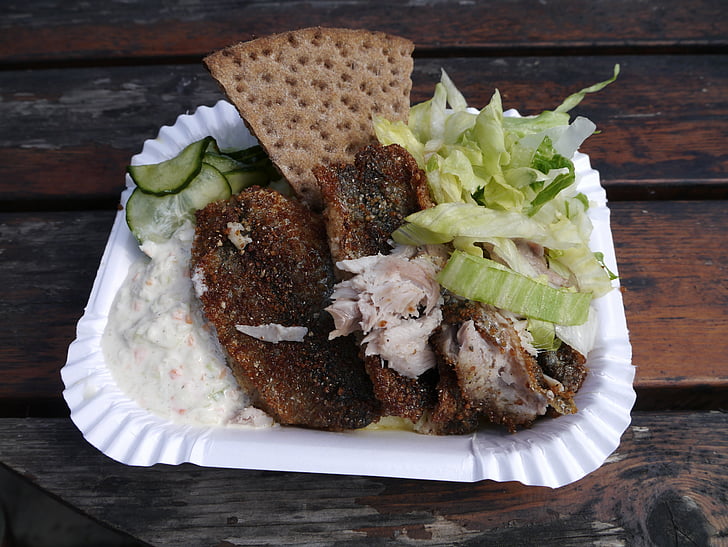 herring, salad, food, wooden table
