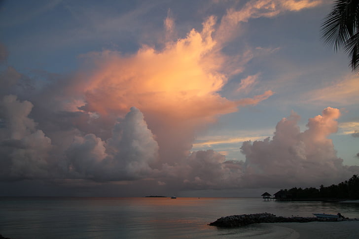 Maledivy, západ slnka, Ocean, Cestovanie, more, Tropical, Raj