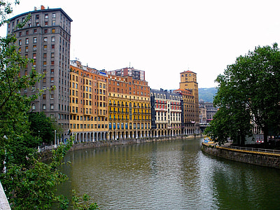 bilbao, spain, river, canal, water, reflections, sky