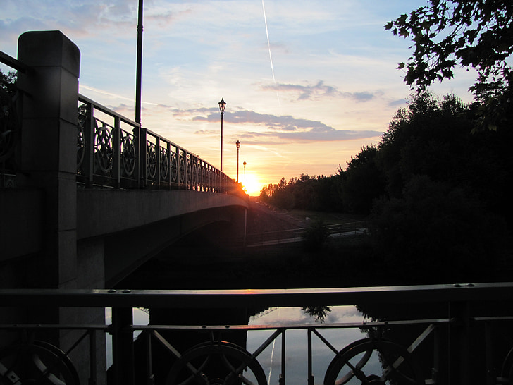 ηλιοβασίλεμα, όριο, πόλη, Ποταμός, γέφυρα, φωτισμός, νερό