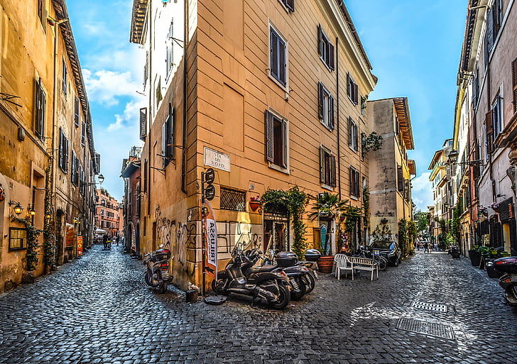 Rome, Itālija, motocikls, motorolleris, iela, bruģakmens, Eiropas