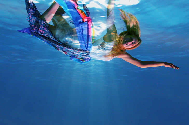 girl, underwater, mermaid, swim, water, blue