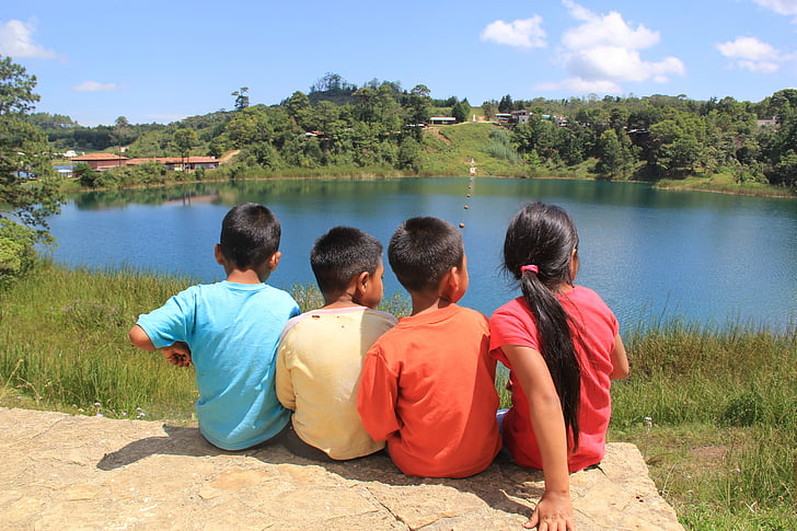 gyermekek, Guatemala, Mexikó, tó, Laguna, víz, táj