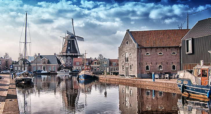 mlýn, voda, krajina, Nizozemsko, venkovní, přístav