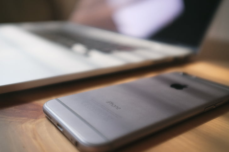 espacio, gris, iPhone, al lado de, ordenador portátil, computadora, Apple