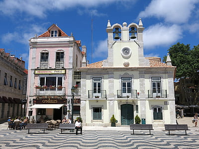 Cascais, Portugalsko, budova, cestné, vzor, lavica, banka