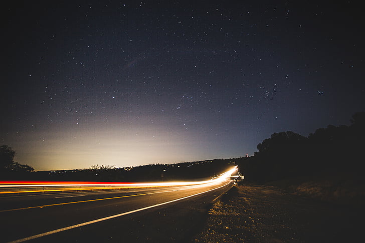 dark, light streaks, lights, long-exposure, night, road, sky