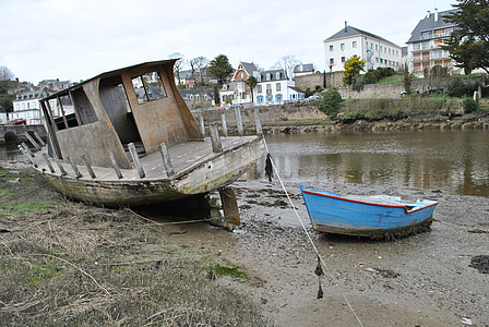 小船, 端口, 布列塔尼, 废墟, 被遗弃, 残骸, 水